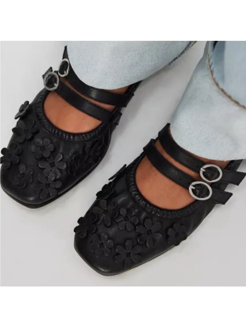 Free People Mimosa Mary Jane Black Floral Double-Strap Ballet Flats 6.5 $139